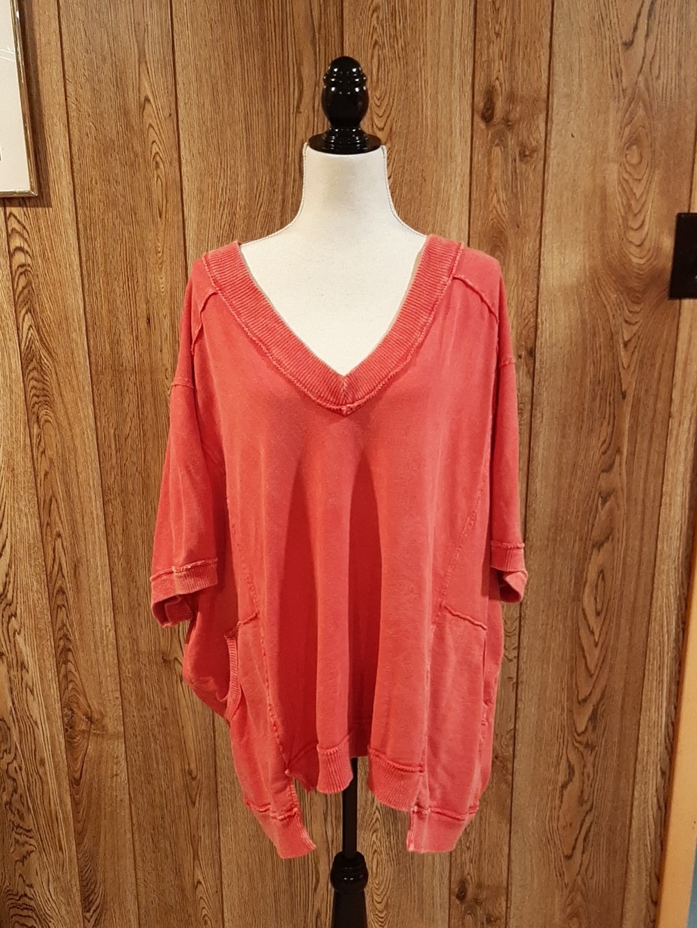 J.HER Mineral-Washed Red V-Neck Short-Sleeved French-Terry Top (L)
